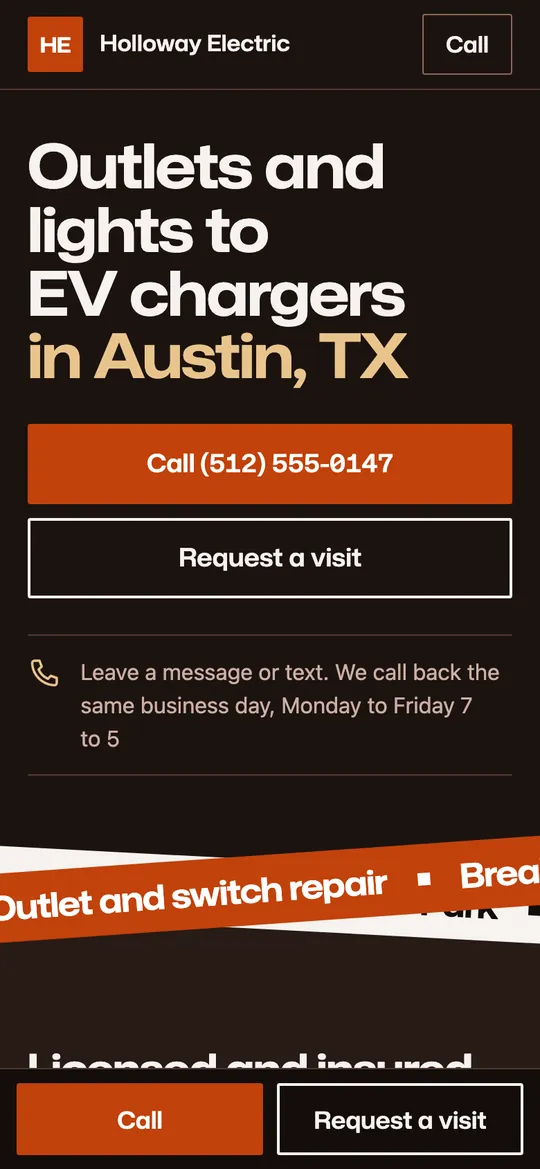 Phone screen of a sample electrician homepage, Version 3
